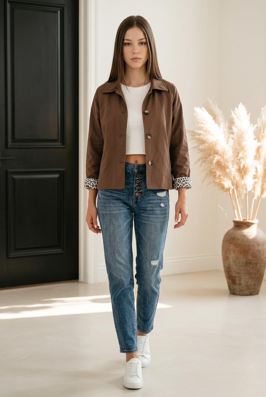 Mocha Muse Collared Leopard Lining Jacket