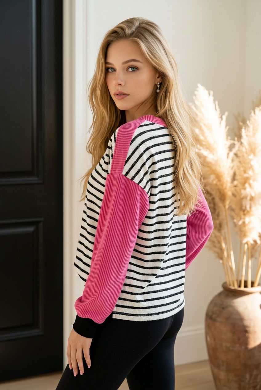 Sweet Escape Stripe Textured Long Sleeve Top