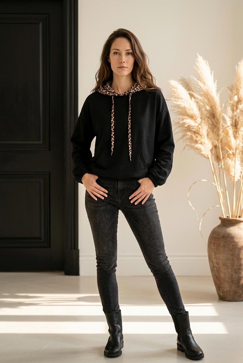 Sienna Leopard Drawstring Black Hoodie