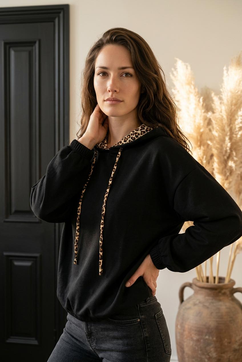 Sienna Leopard Drawstring Black Hoodie