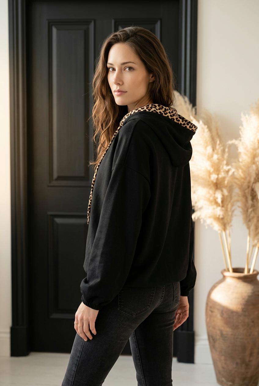Sienna Leopard Drawstring Black Hoodie