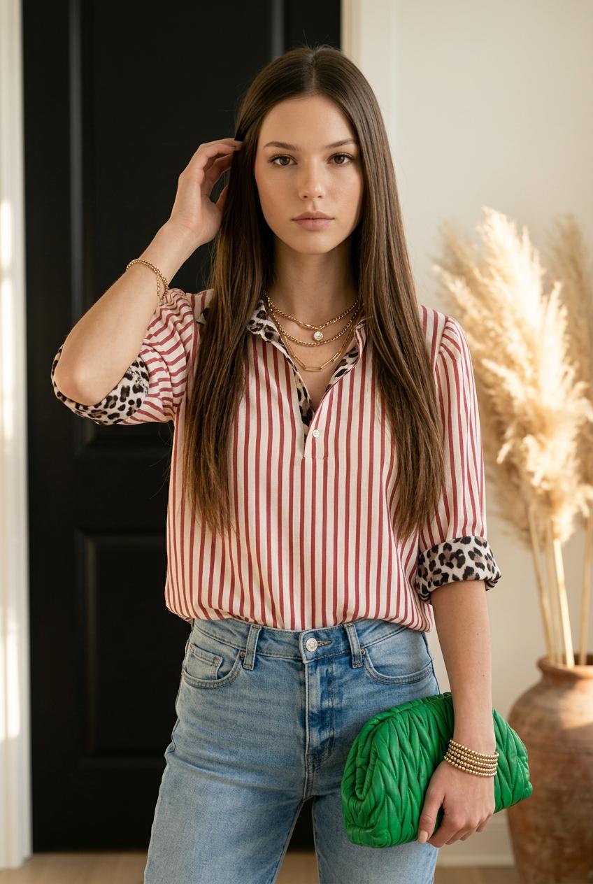Palm Beach Half Button Leopard Contrast Blouse
