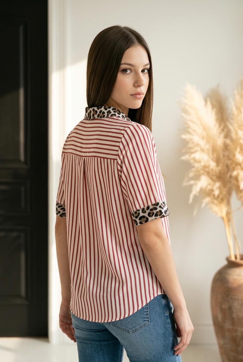 Palm Beach Half Button Leopard Contrast Blouse