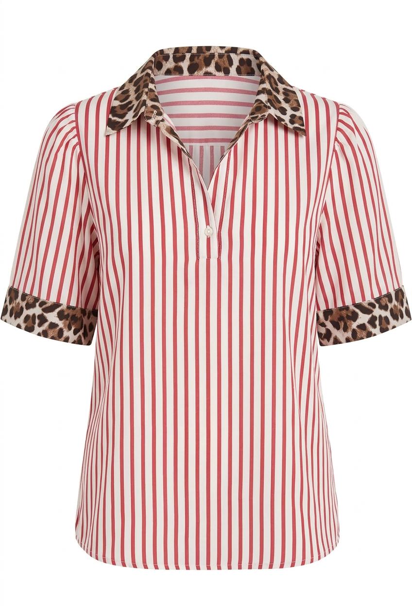 Palm Beach Half Button Leopard Contrast Blouse