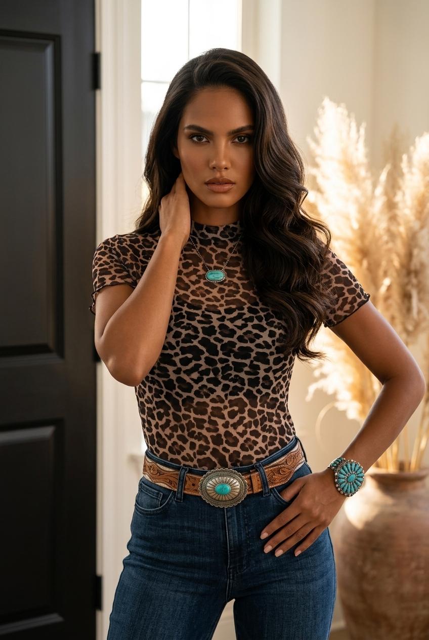 Kennedy Sheer Mesh Leopard Print Top