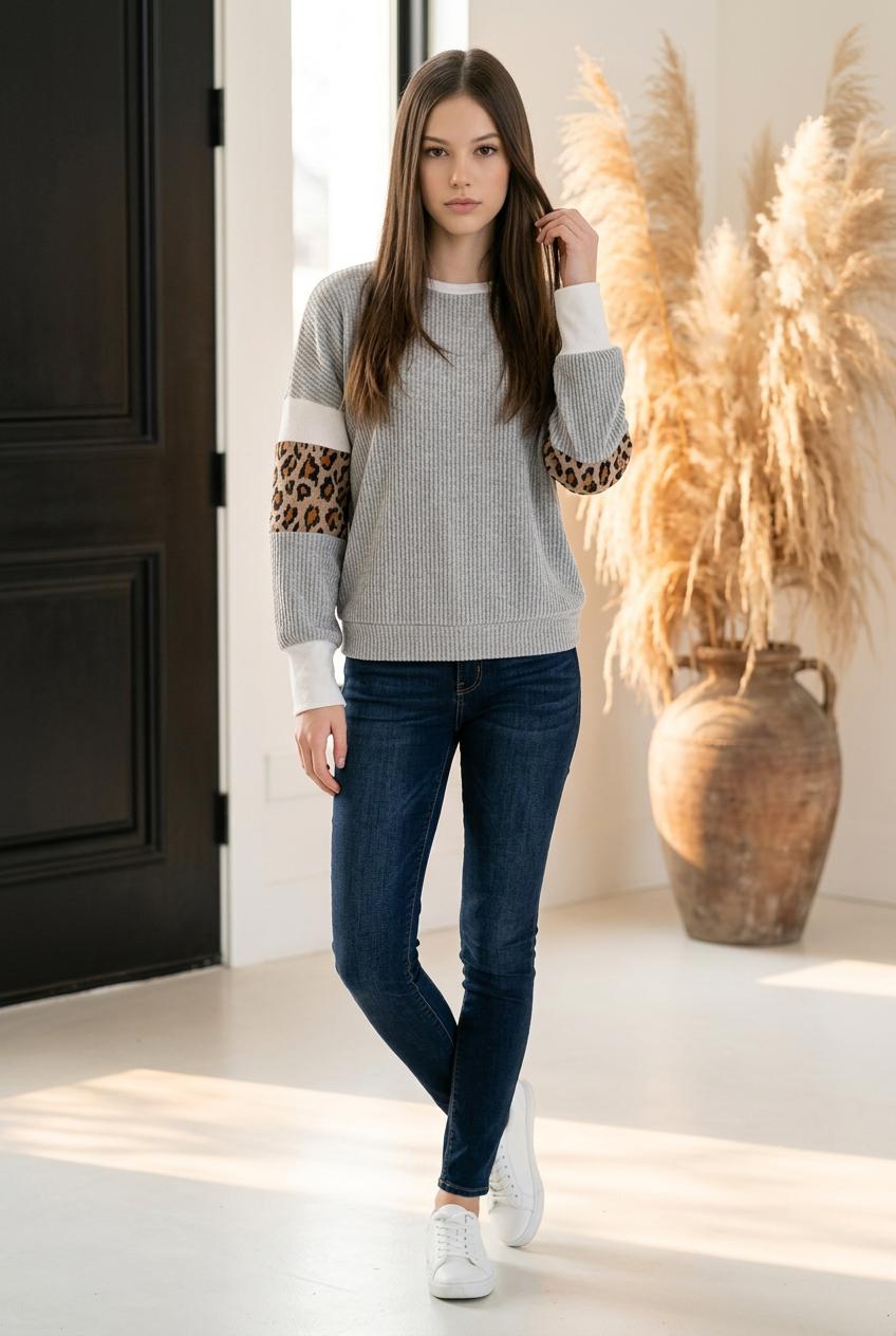 Heather Grey Leopard Print Ribbed Knit Top