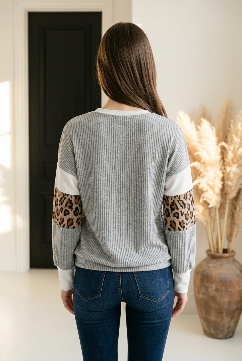 Heather Grey Leopard Print Ribbed Knit Top