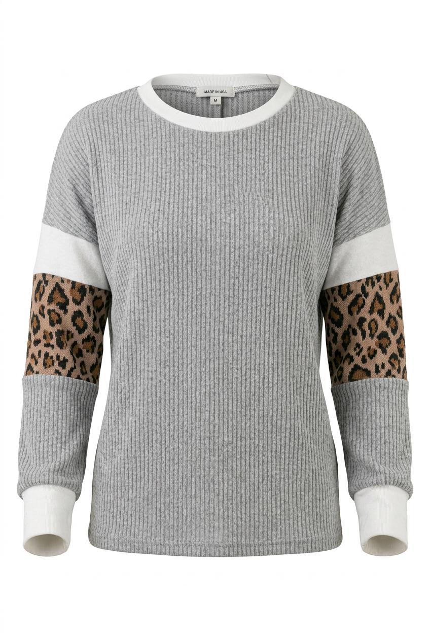 Heather Grey Leopard Print Ribbed Knit Top