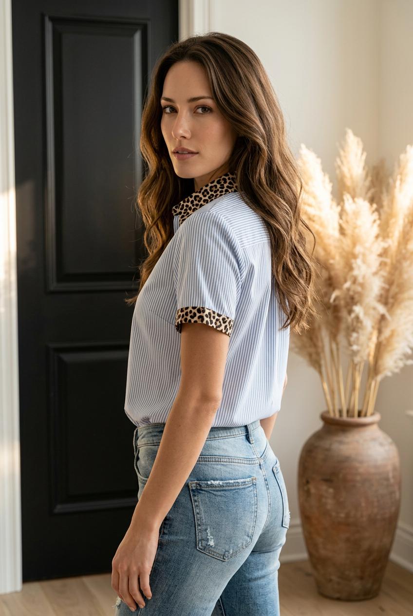 Bluebell Leopard Contrast Collar Short Sleeve Shirt