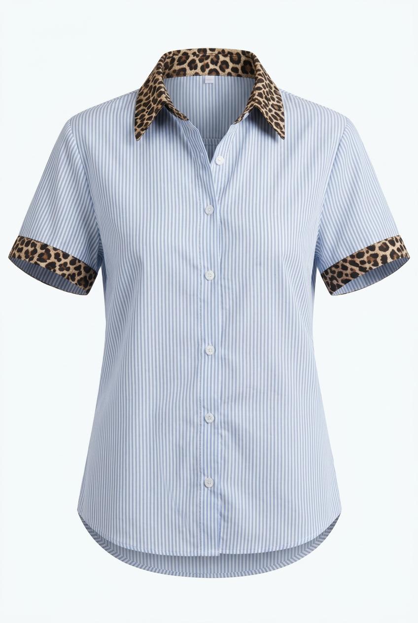 Bluebell Leopard Contrast Collar Short Sleeve Shirt
