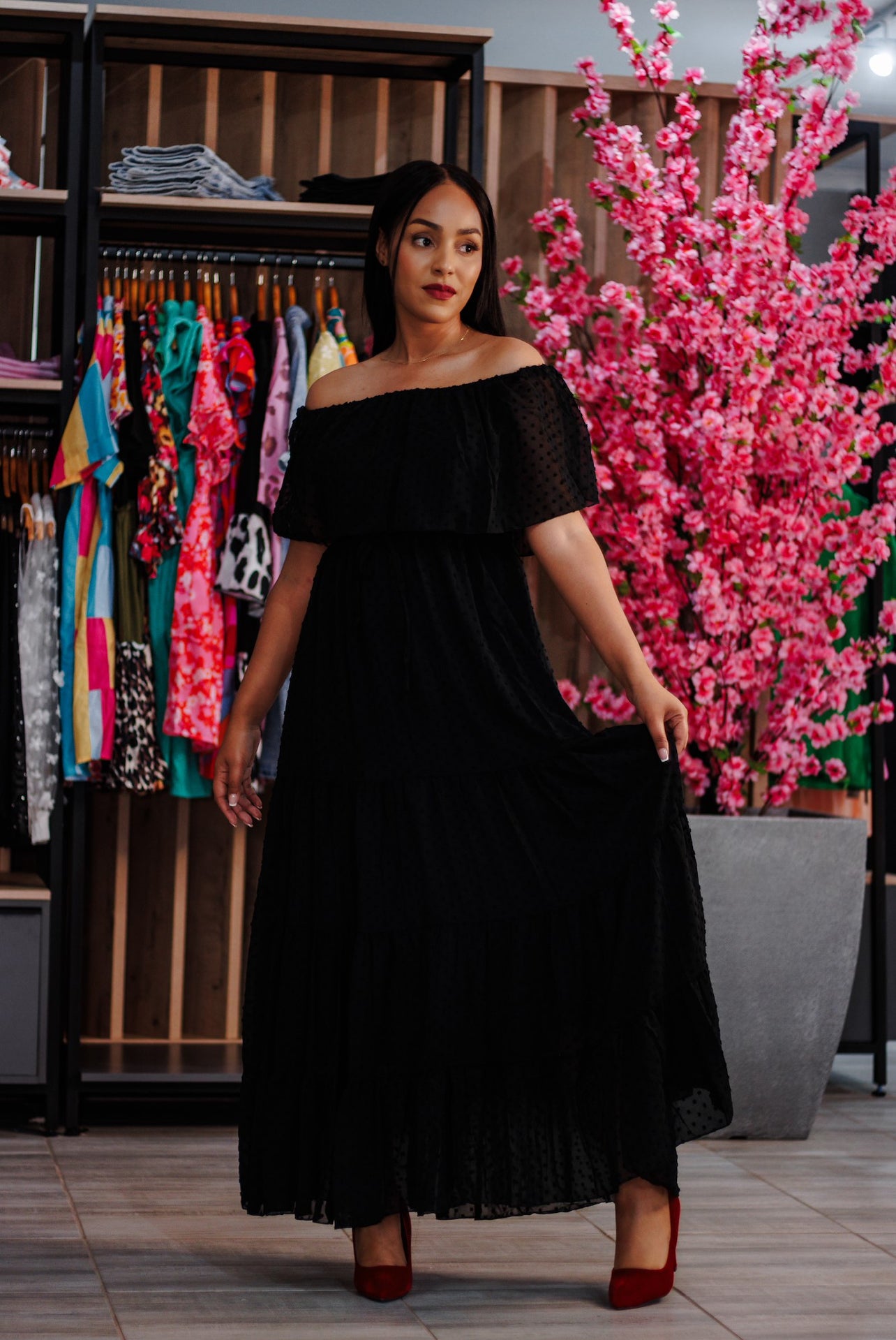 Black Alexa Off Shoulder Swiss Dot Long Dress
