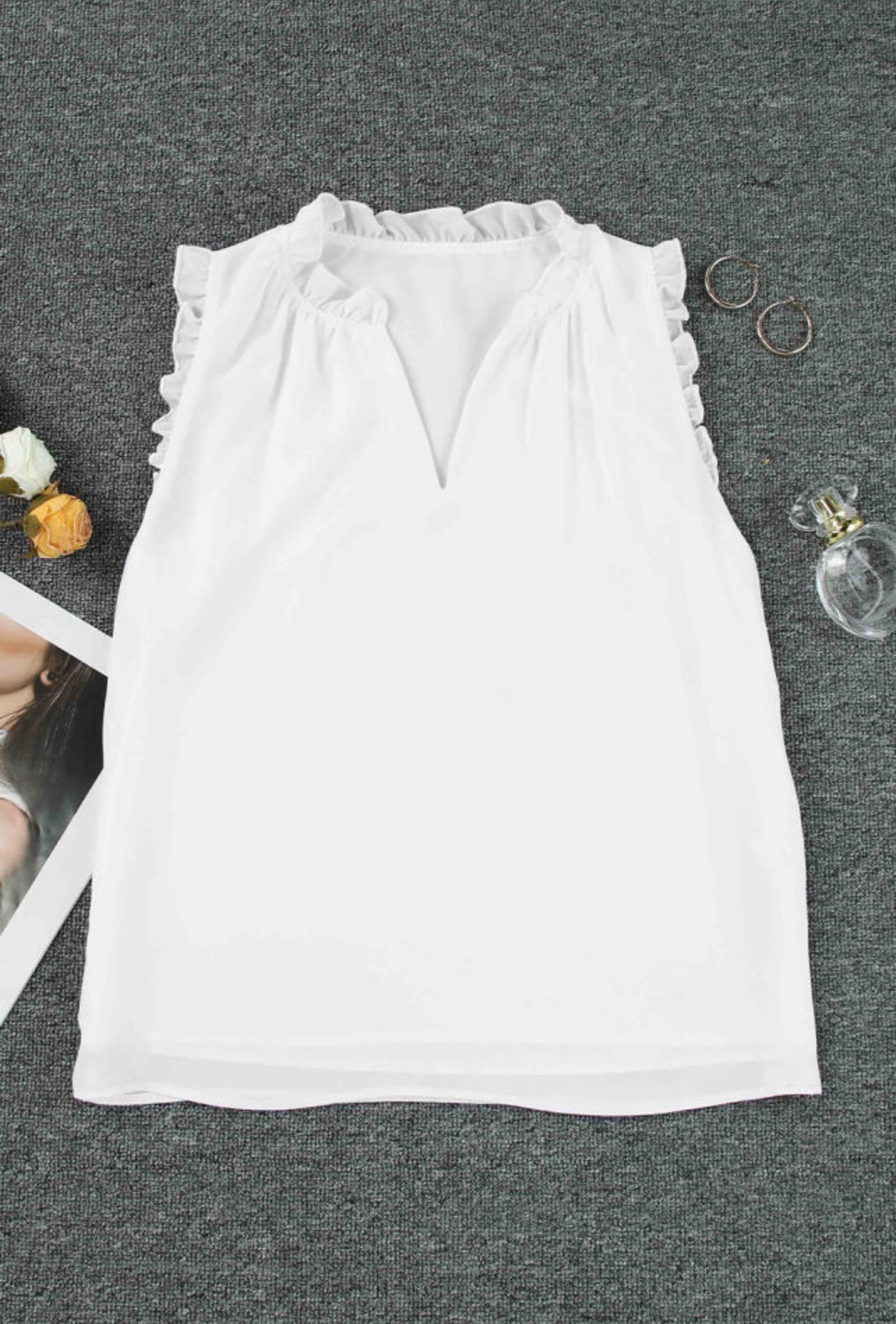 White V-Neck Frill Trim Sleeveless Top