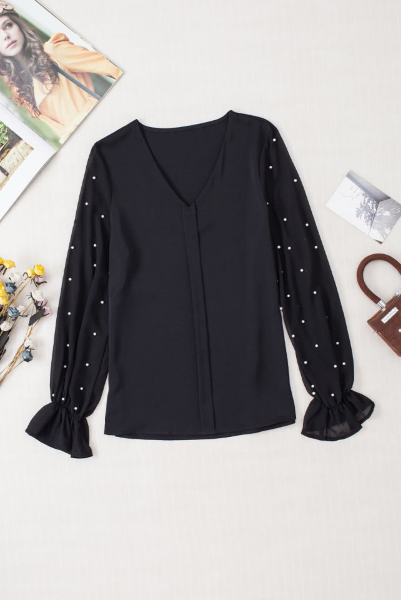 Black Mesh Pearls Long Sleeve Blouse