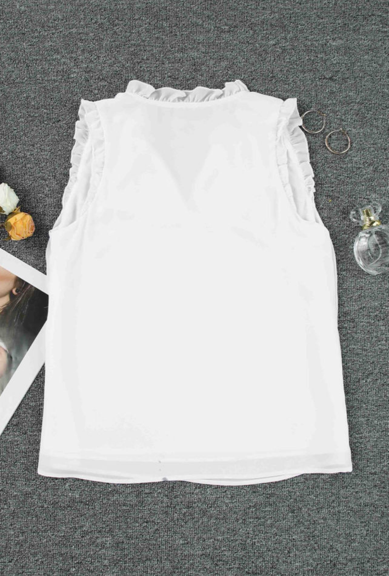 White V-Neck Frill Trim Sleeveless Top