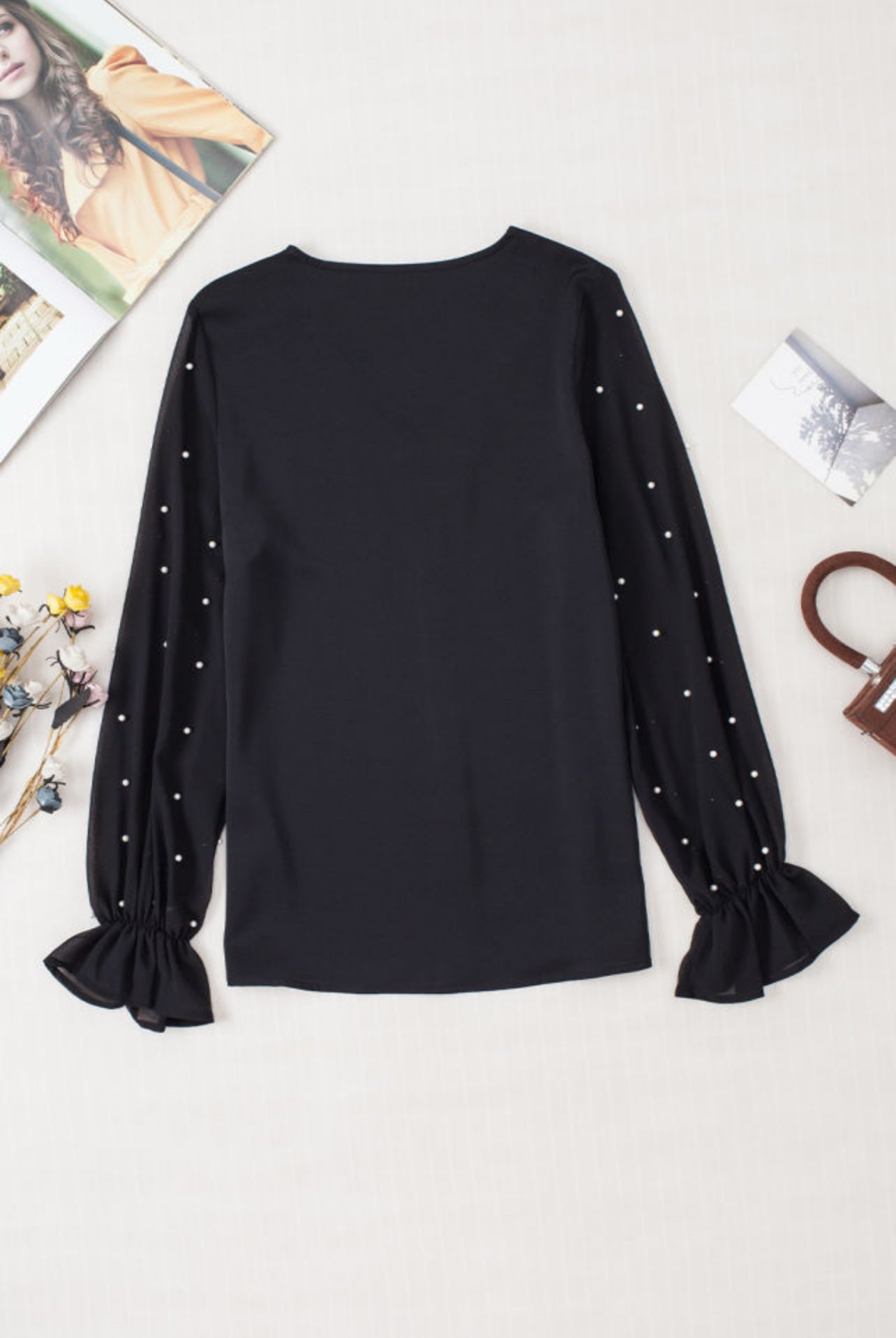 Black Mesh Pearls Long Sleeve Blouse
